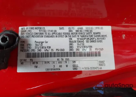 2015 Ford Focus Se из США, поврежденный, VIN 1FADP3K26FL301057